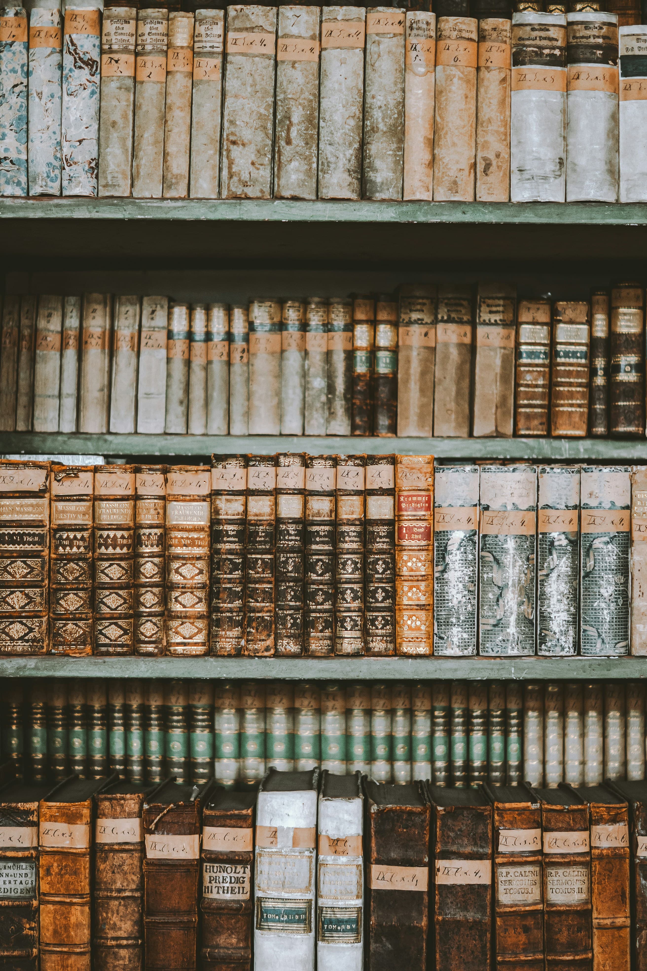 Old books on library shelves